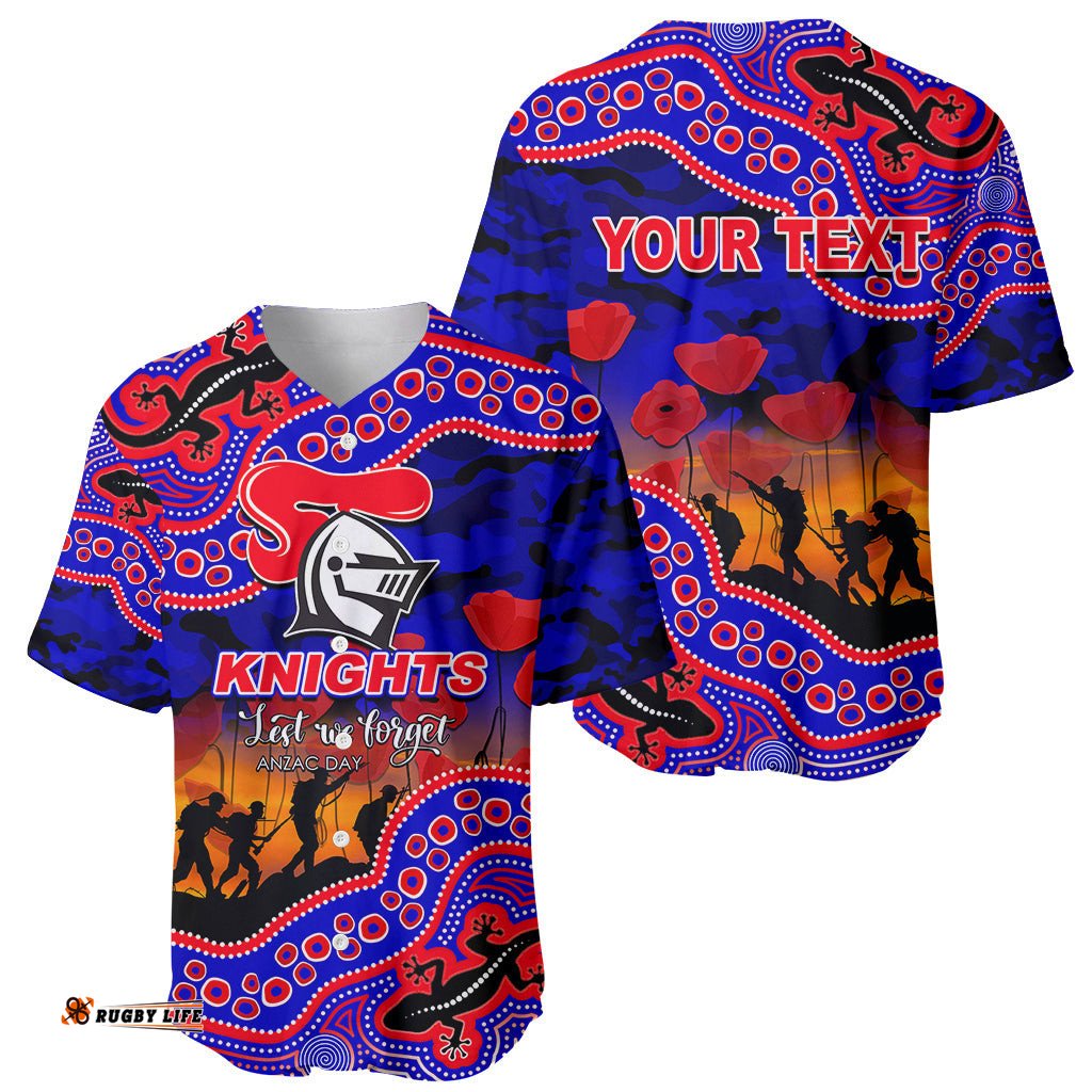 Custom Personalised Anzac Day NRL Knights Baseball Jersey Shirt Aboriginal Lizard Patterns