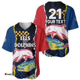Custom Text And Number NRL Combine Dolphins and Parra Eels Baseball Jersey Shirt Simple Style