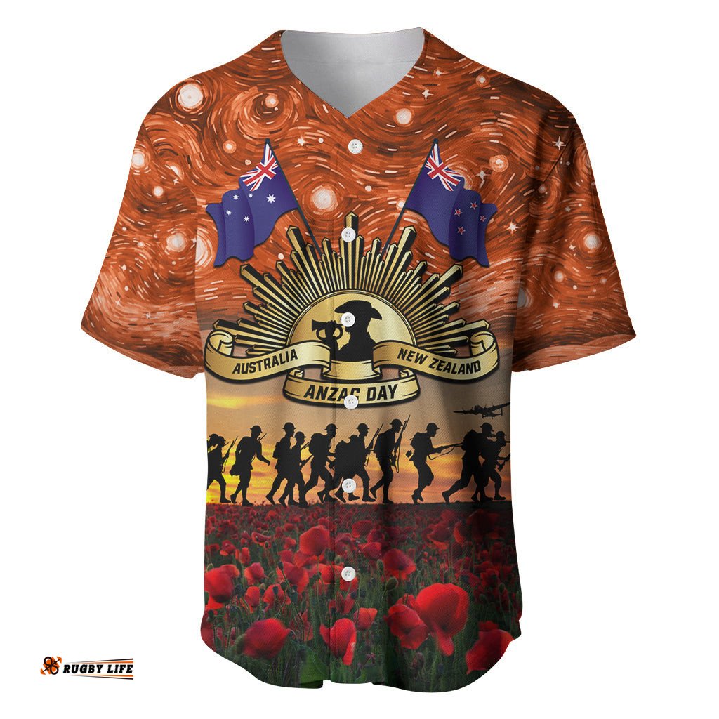 The Rising Sun Badge ANZAC Baseball Jersey Shirt Last Post Field of Poppy Starry Night Style