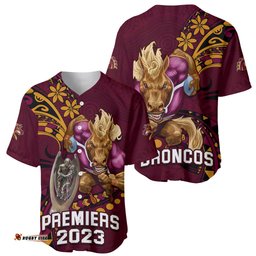 NRL Broncos Premiers Baseball Jersey Shirt Mascot with Polynesian Pattern Version
