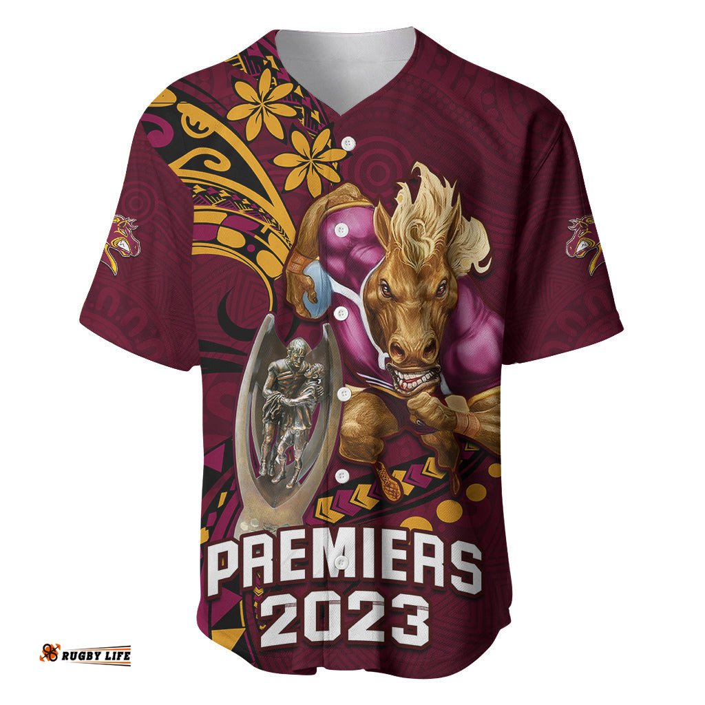 NRL Broncos Premiers Baseball Jersey Shirt Mascot with Polynesian Pattern Version