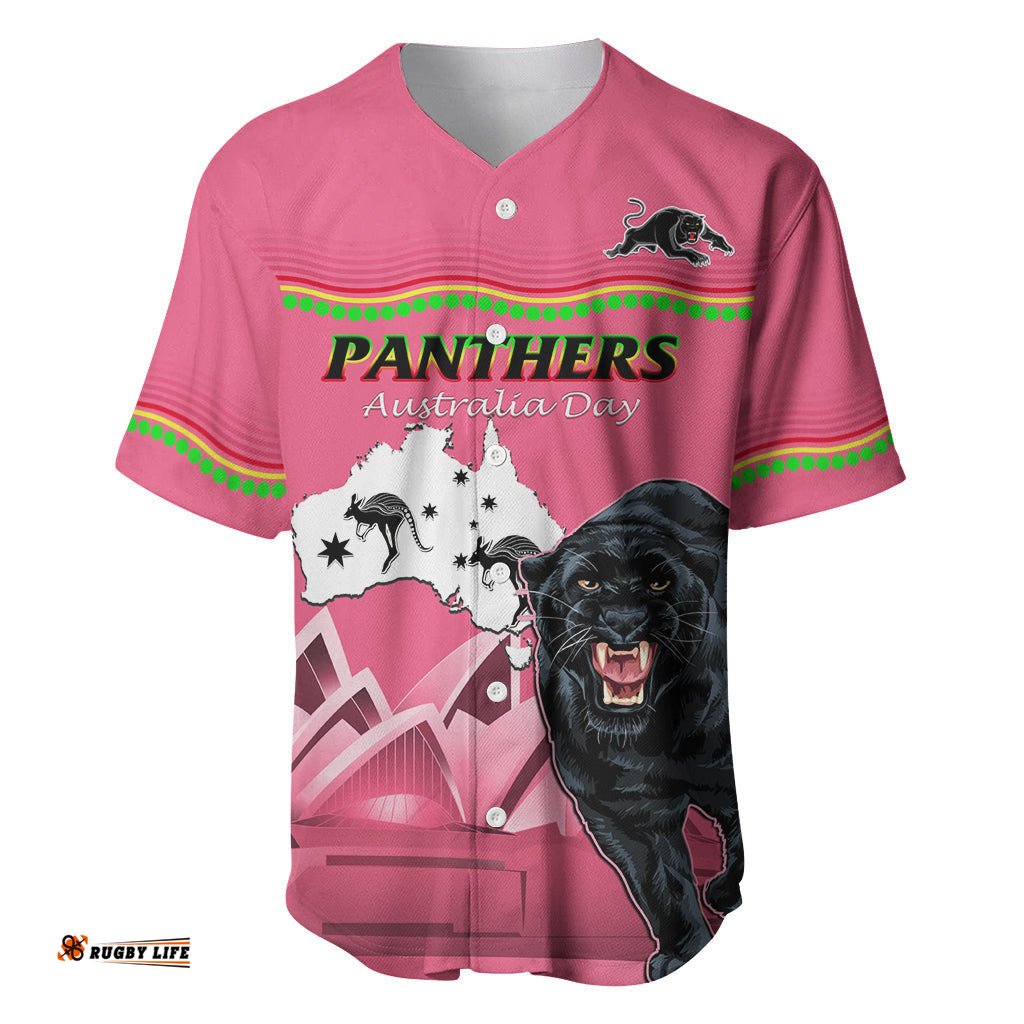 Custom Australia Day Panthers Baseball Jersey Shirt NRL 2024 Sydney Opera House With Map Pink