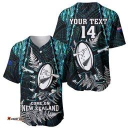 Custom New Zealand Silver Fern Rugby Baseball Jersey Shirt Aotearoa All Black Dabbing Ball With Maori Paua Shell