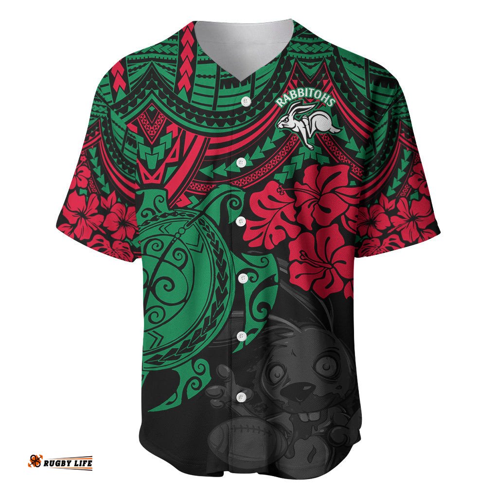 Custom Rabbitohs Rugby Baseball Jersey Shirt Bunnies Hibiscus and Turtle With Polynesian Pattern