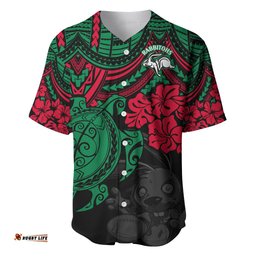 Custom Rabbitohs Rugby Baseball Jersey Shirt Bunnies Hibiscus and Turtle With Polynesian Pattern