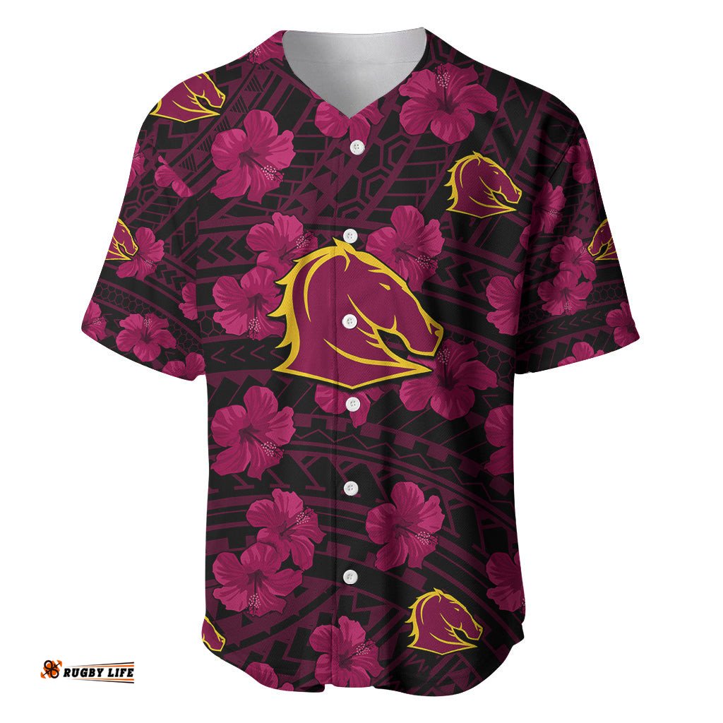 Broncos Rugby Baseball Jersey Shirt Polynesian Style With Hibiscus