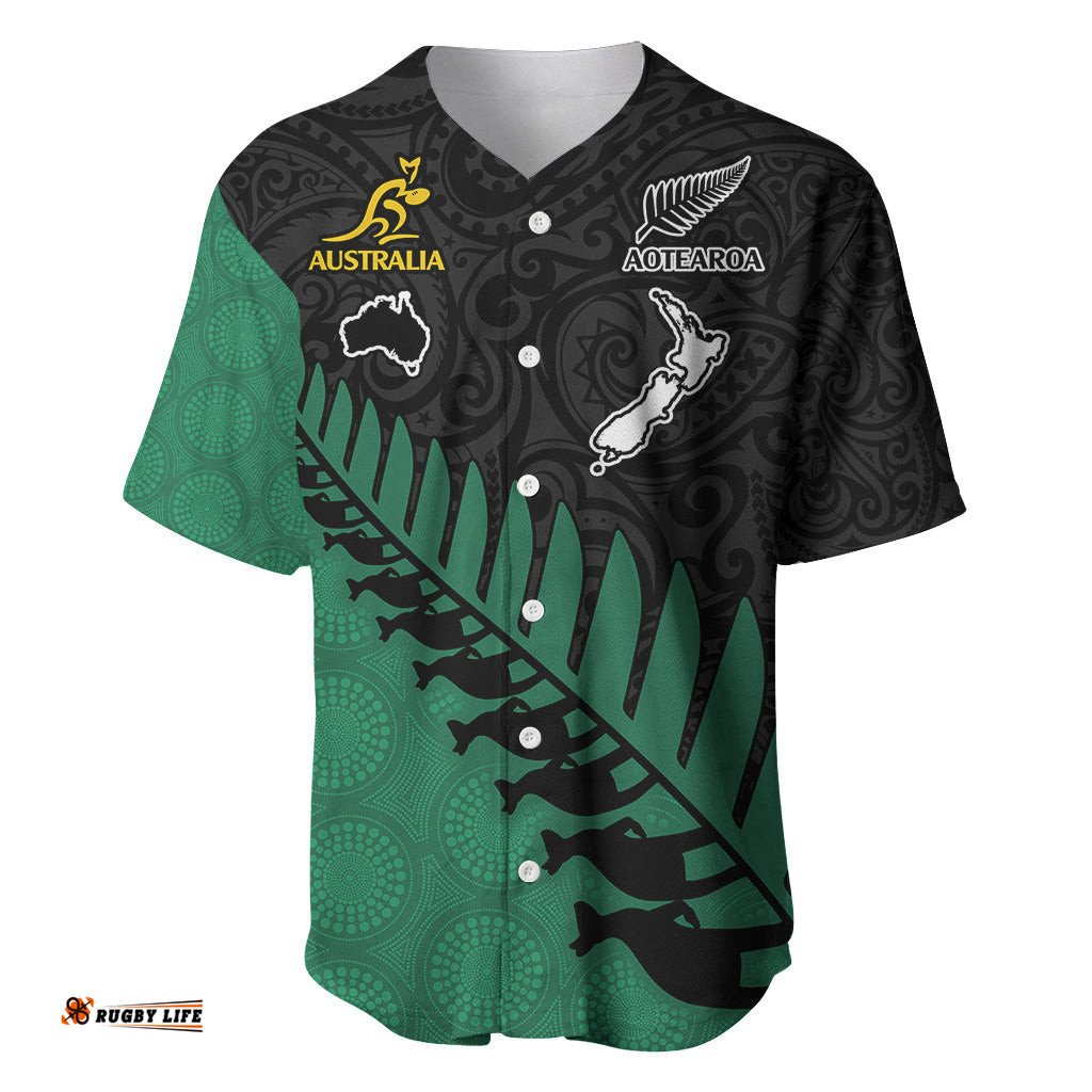 Custom Australia Wallabies and Aotearoa Rugby Baseball Jersey Shirt Kangaroo Black Fern Maori Green Vibe