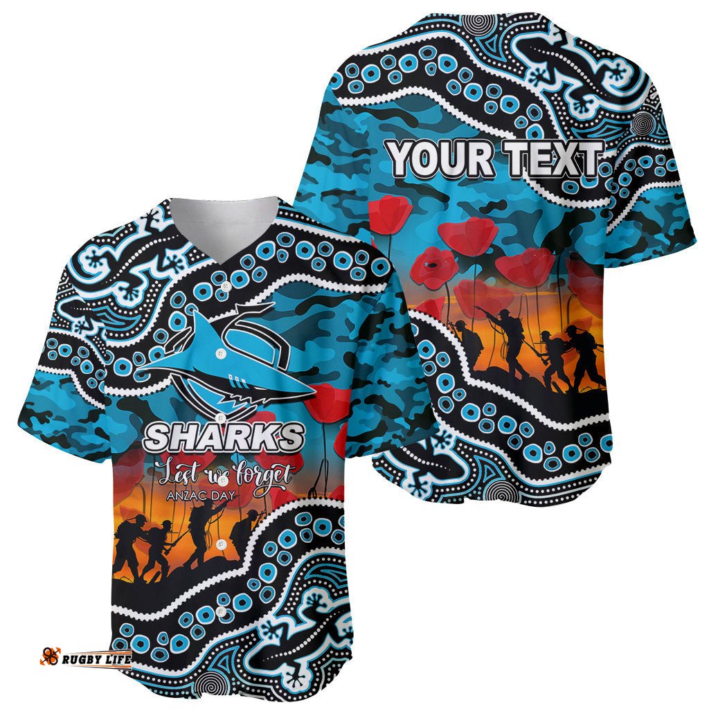 Custom Personalised Anzac Day NRL Sharks Baseball Jersey Shirt Aboriginal Lizard Patterns