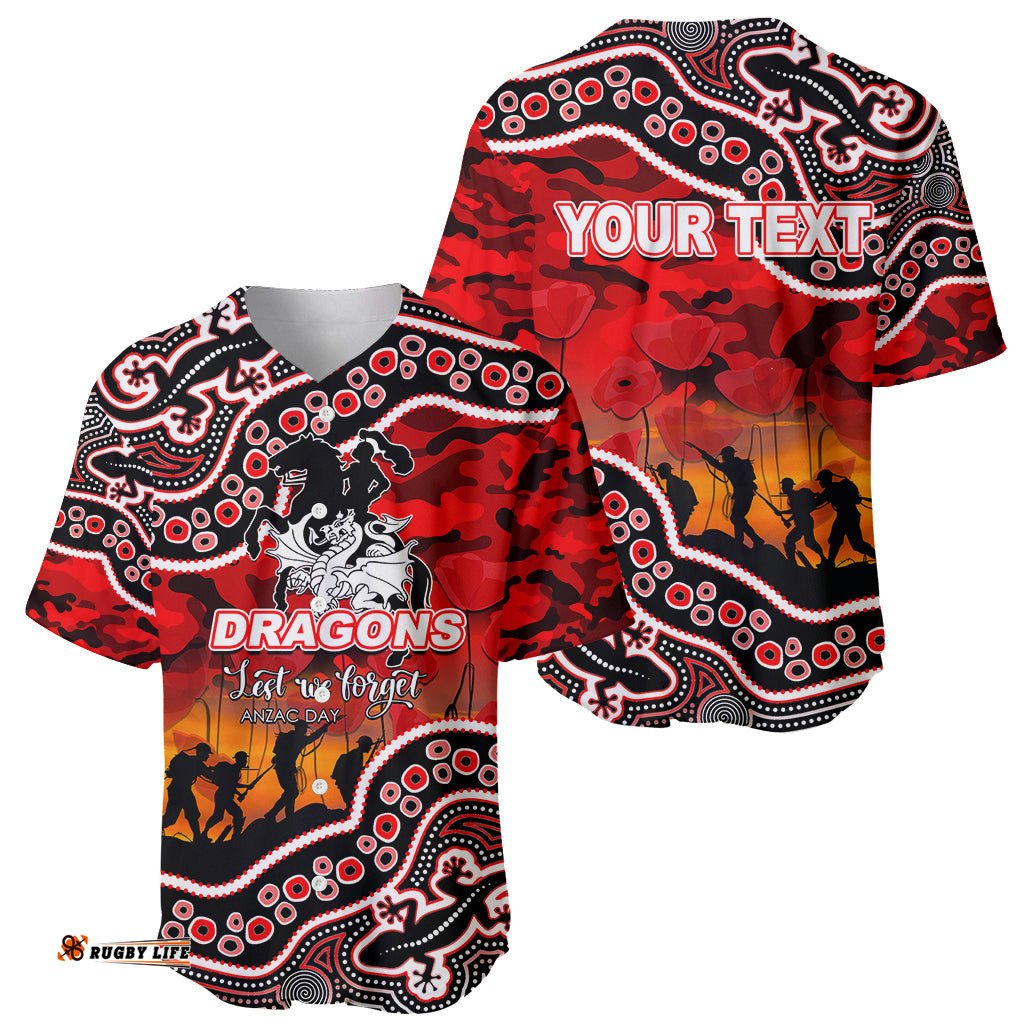 Custom Personalised Anzac Day NRL Dragons Baseball Jersey Shirt Aboriginal Lizard Patterns