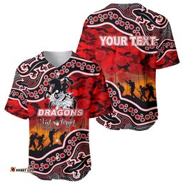 Custom Personalised Anzac Day NRL Dragons Baseball Jersey Shirt Aboriginal Lizard Patterns