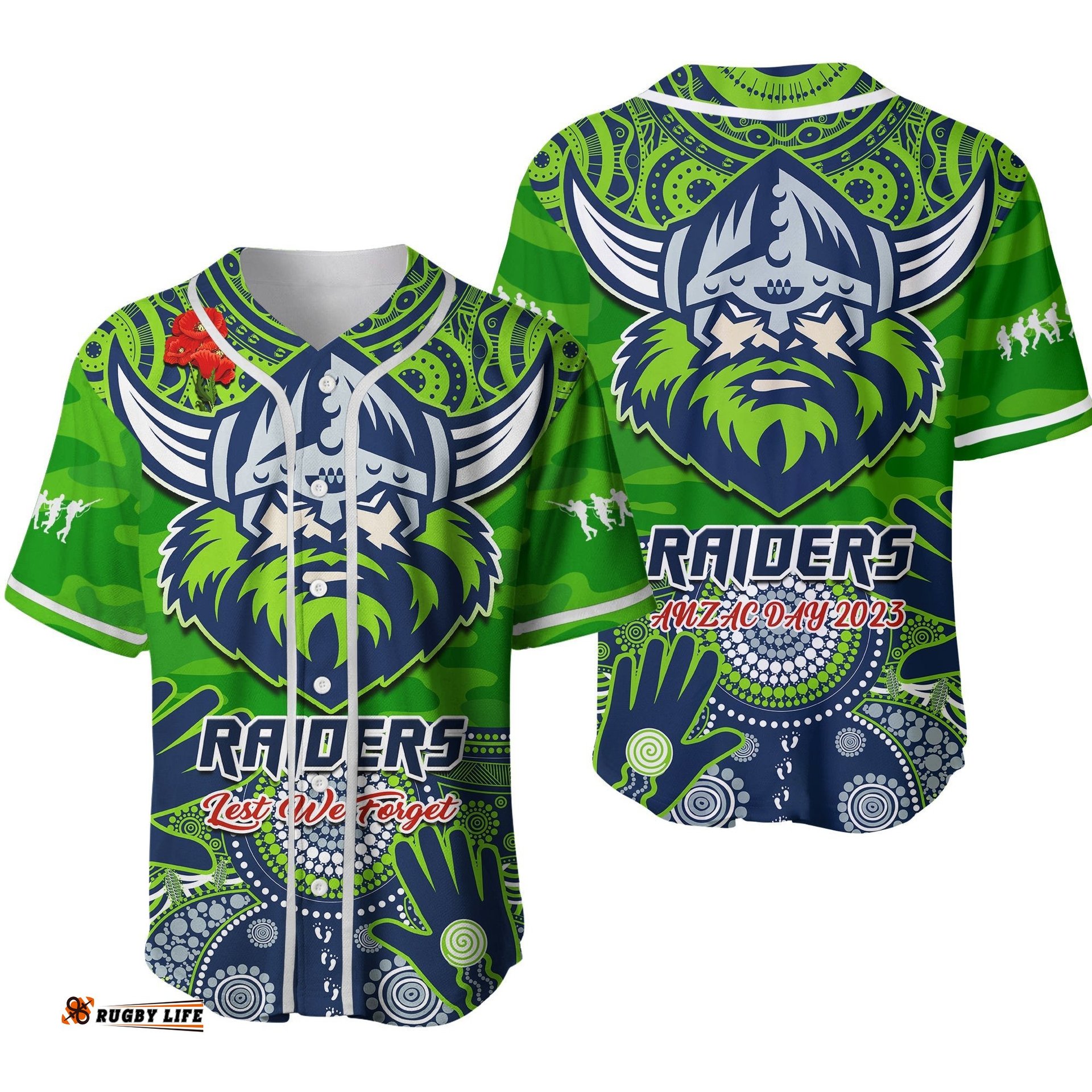 Raiders Rugby ANZAC Baseball Jersey Shirt Dots Poppy Mix Camouflage Lest We Forget Ver.02