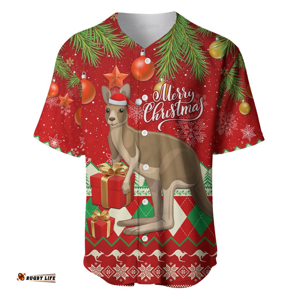 Australia Christmas Baseball Jersey Shirt Aussie Kangaroo Santa Merry Xmas