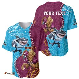 Personalised Sharks And Broncos Rugby Baseball Jersey Shirt Aboriginal Mix Polynesian Pattern