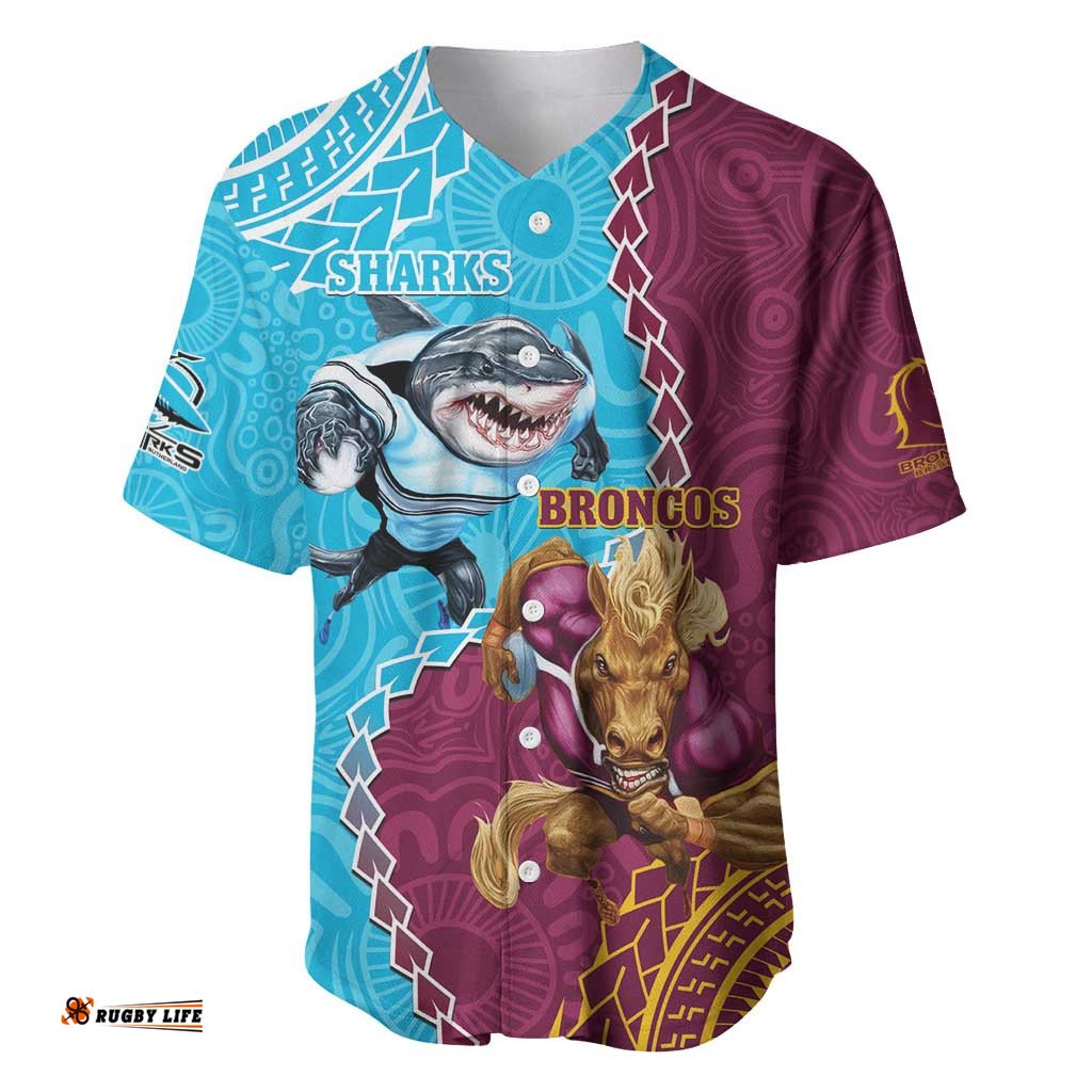 Personalised Sharks And Broncos Rugby Baseball Jersey Shirt Aboriginal Mix Polynesian Pattern