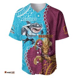 Personalised Sharks And Broncos Rugby Baseball Jersey Shirt Aboriginal Mix Polynesian Pattern