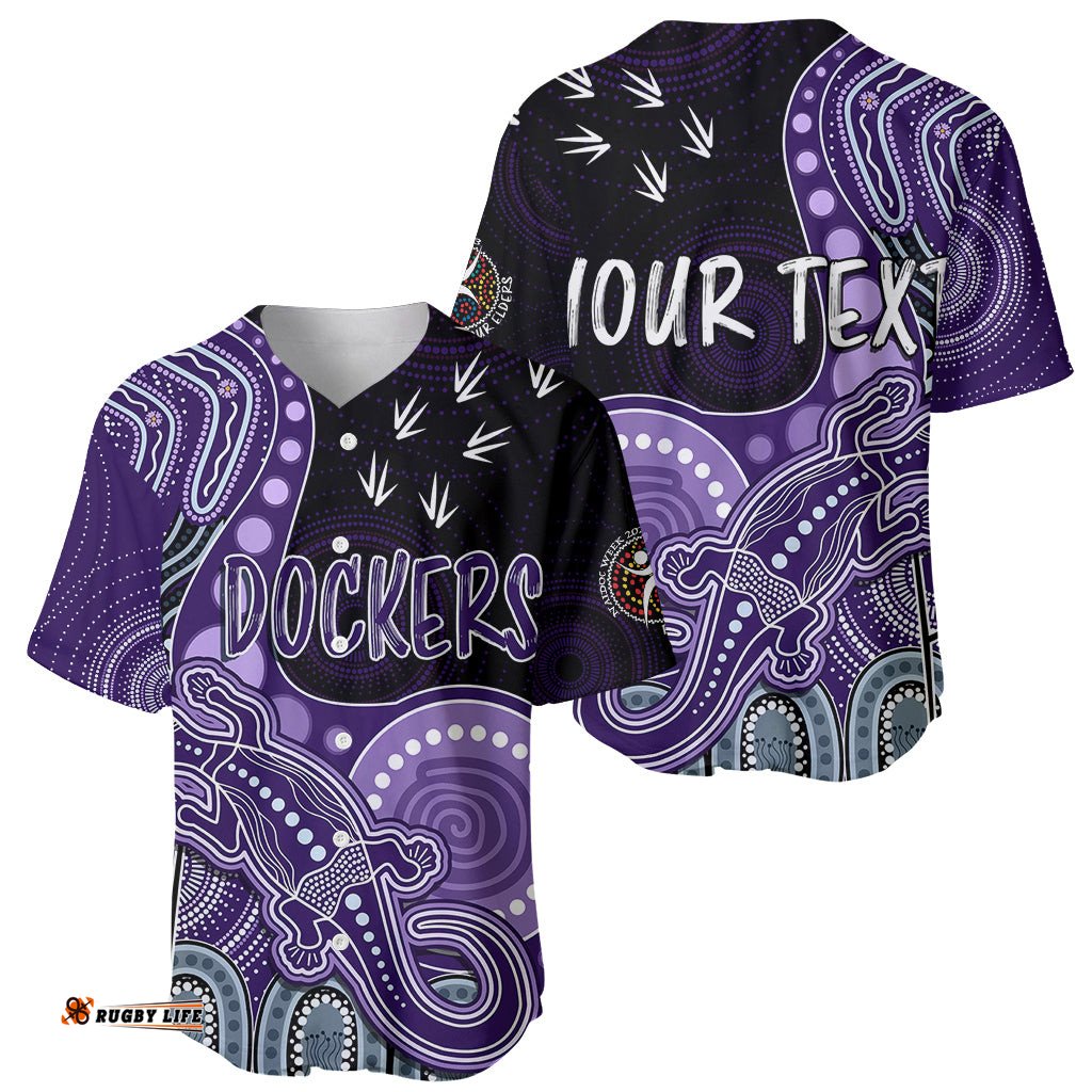 Personalised NAIDOC Week AFL Dockers Baseball Jersey Shirt Aboriginal Dot Art Lizard Mix Boomerang