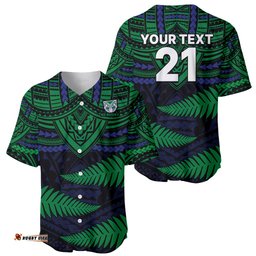 Custom Warriors Rugby Baseball Jersey Shirt Aotearoa Fern Polynesian Pattern