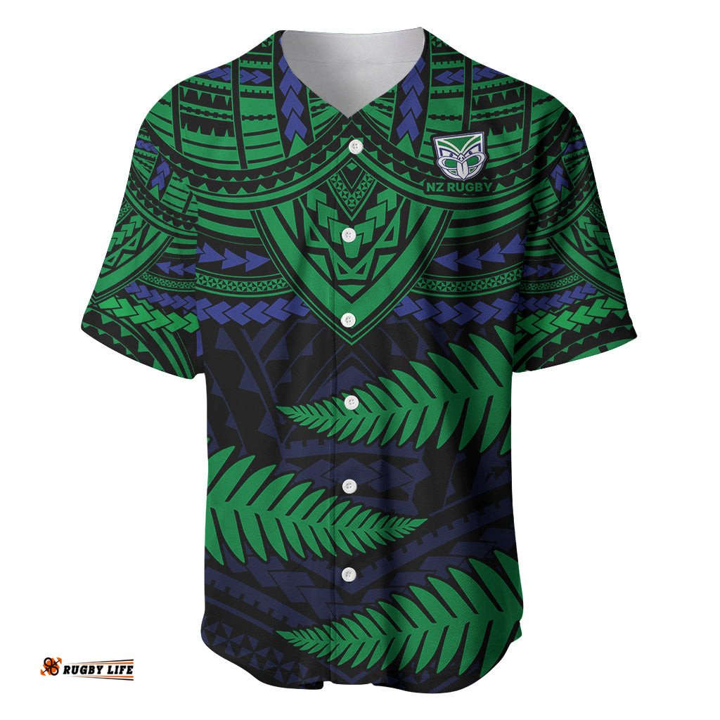 Custom Warriors Rugby Baseball Jersey Shirt Aotearoa Fern Polynesian Pattern