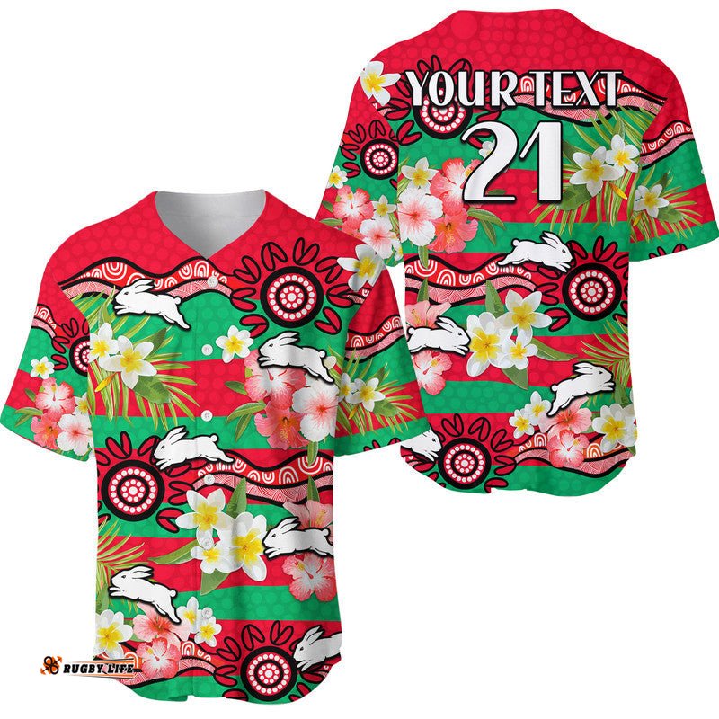 Custom Personalised Rabbitohs Rugby Baseball Jersey Shirt Tropical Flowers And Palm Hawaiian Style