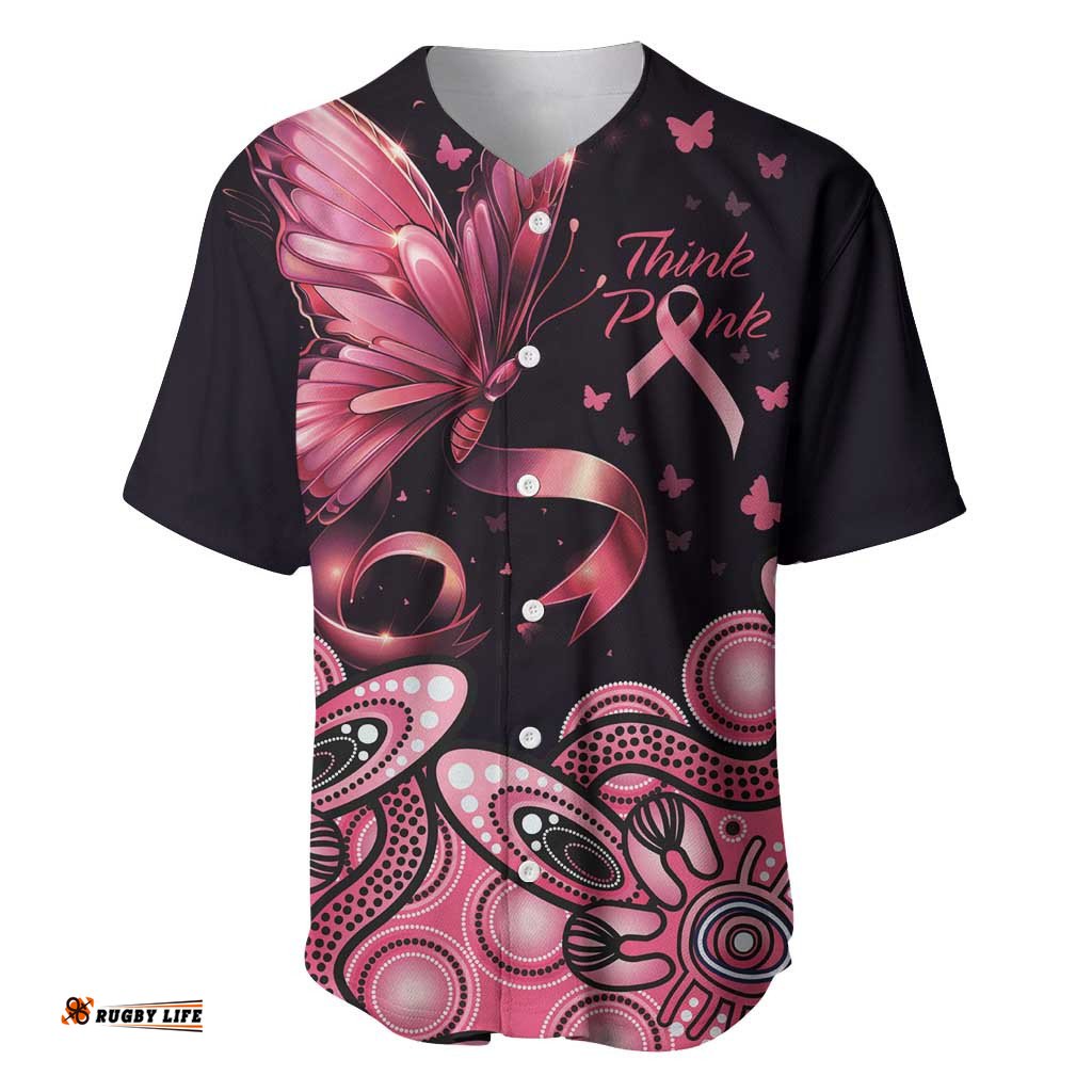 Think Pink Butterfly Ribbon Aboriginal Art Baseball Jersey Shirt