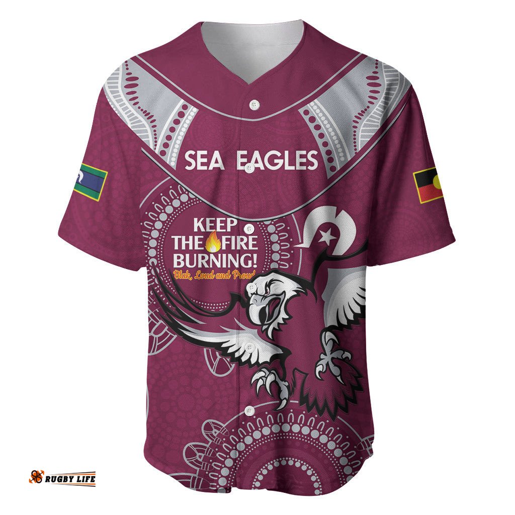 Custom NRL Sea Eagles NAIDOC Week Baseball Jersey Shirt Keep The Fire Burning Indigenous Art