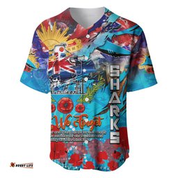 Personalised Australia Rugby Sharks ANZAC Baseball Jersey Shirt Cronulla Sutherland Scratch Style