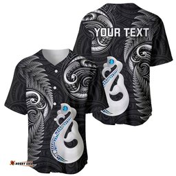 Personalised New Zealand Baseball Jersey Shirt Aotearoa Silver Fern With Manaia Maori Unique Black