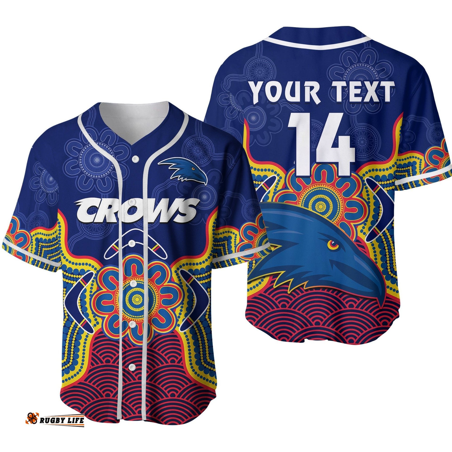 Custom Text And Number Adelaide Football Baseball Jersey Shirt Crows Aboriginal Art Ver.02