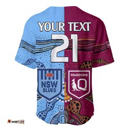 Custom Text And Number Blues and Maroons Rugby Baseball Jersey Shirt State of Origin NSW Combine Queensland Aboriginal