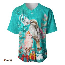 Personalised Kookaburra and Cockatoo Baseball Jersey Shirt Australia Merry Christmas Aboriginal Teal Style