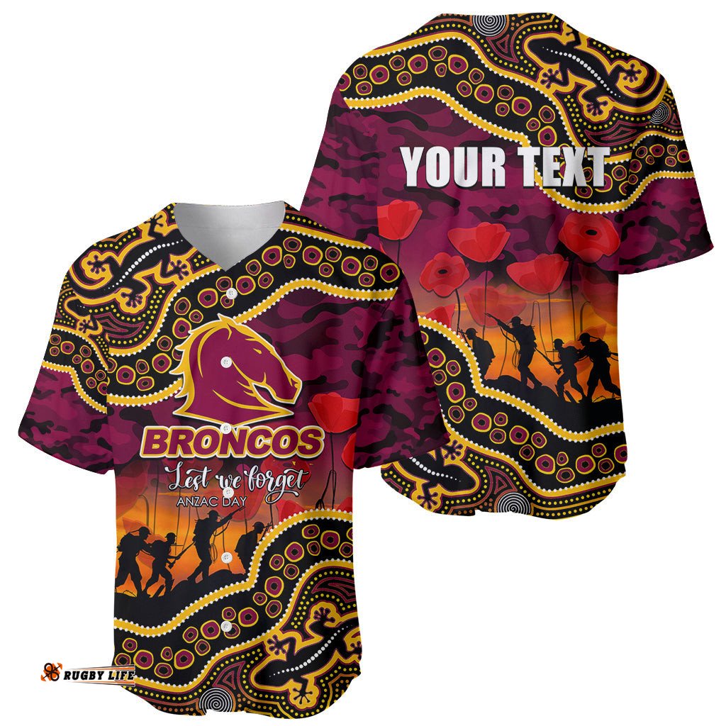 Custom Personalised Anzac Day NRL Broncos Baseball Jersey Shirt Aboriginal Lizard Patterns