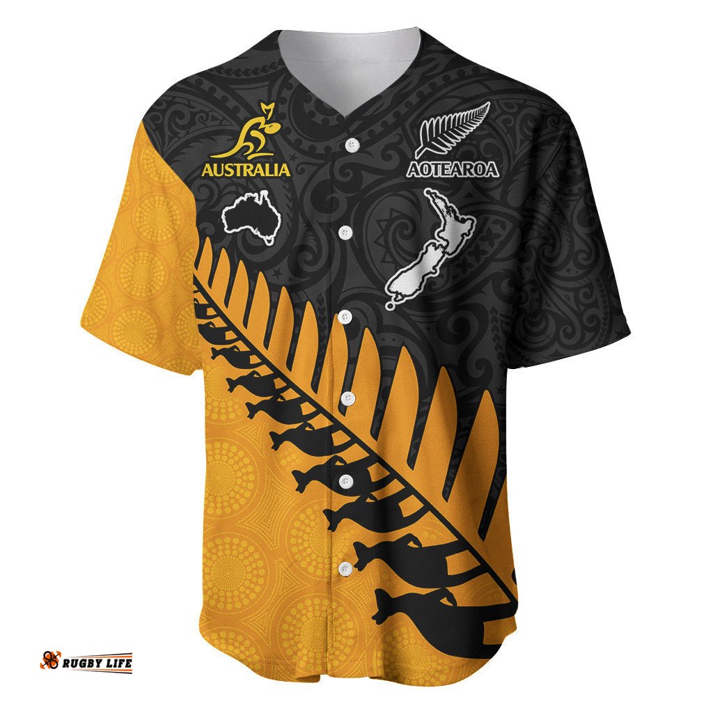 Australia Wallabies and Aotearoa Rugby Baseball Jersey Shirt Kangaroo Black Fern Maori Gold Vibe
