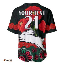 Custom Text And Number ANZAC NRL Rabbitohs Rugby Baseball Jersey Shirt The Bunnies 1908 Poppy Flowers Mixed Aboriginal