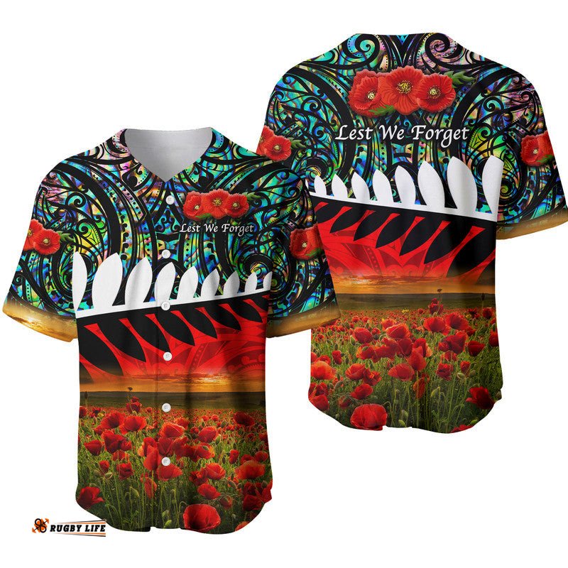 New Zealand Maori ANZAC Baseball Jersey Shirt Poppy Vibes Paua Shell