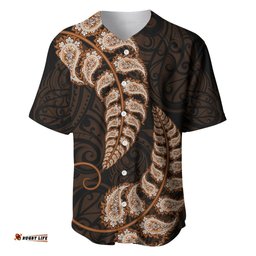 Brown New Zealand Paisley Silver Fern Baseball Jersey Shirt Aotearoa Maori