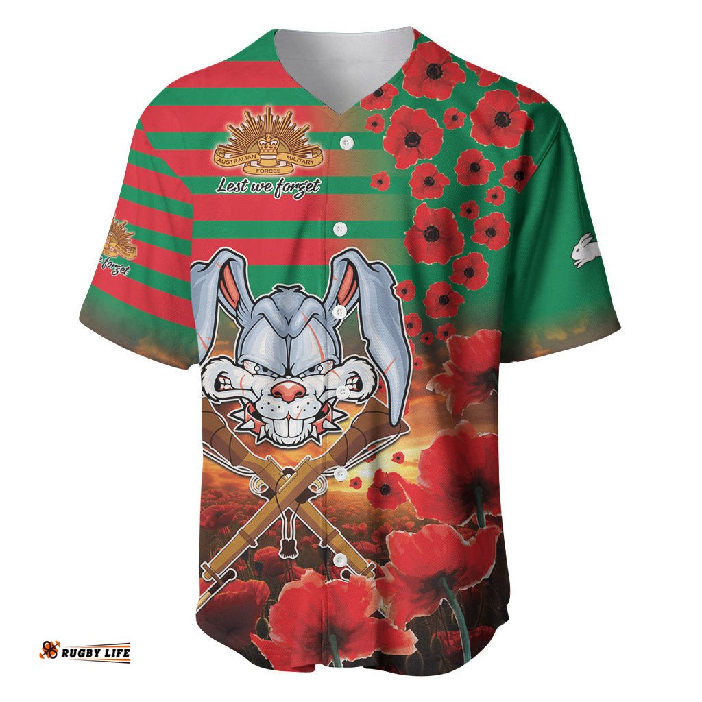 Personalised Rabbitohs Rugby ANZAC Baseball Jersey Shirt Starry Night and Field of Poppies