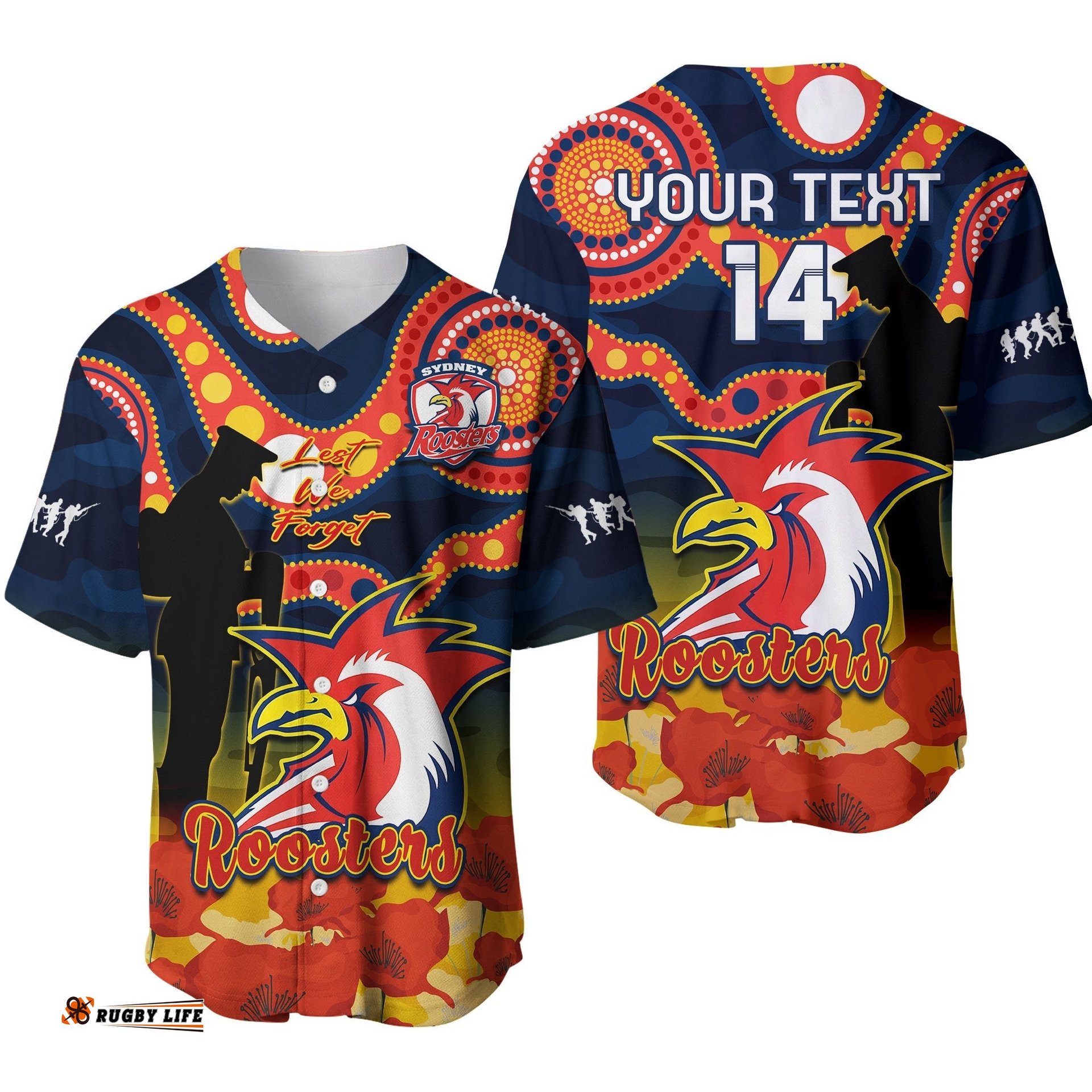 Custom Text And Number Roosters Rugby ANZAC Baseball Jersey Shirt Dots Poppy Mix Camouflage Lest We Forget Ver.01