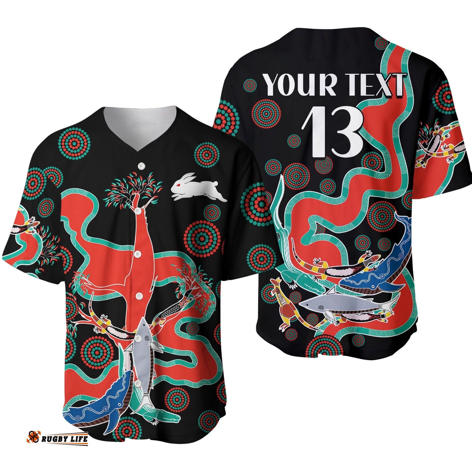 Custom Text and Number Rabbitohs Baseball Jersey Shirt Go The Bunnies Aboriginal