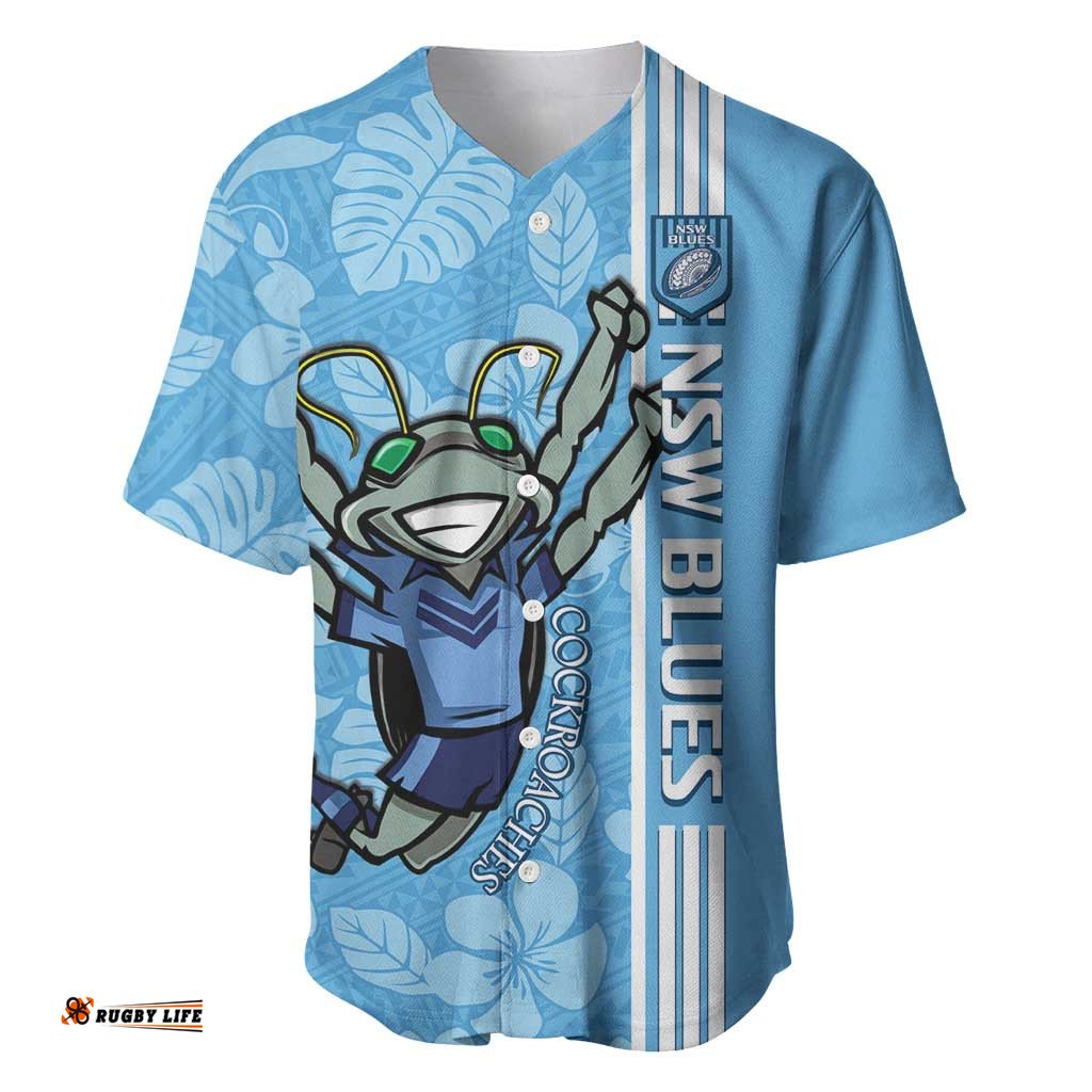 Custom NSW Blues Rugby Baseball Jersey Shirt Cockroaches Polynesian Pattern Tropical Vibes