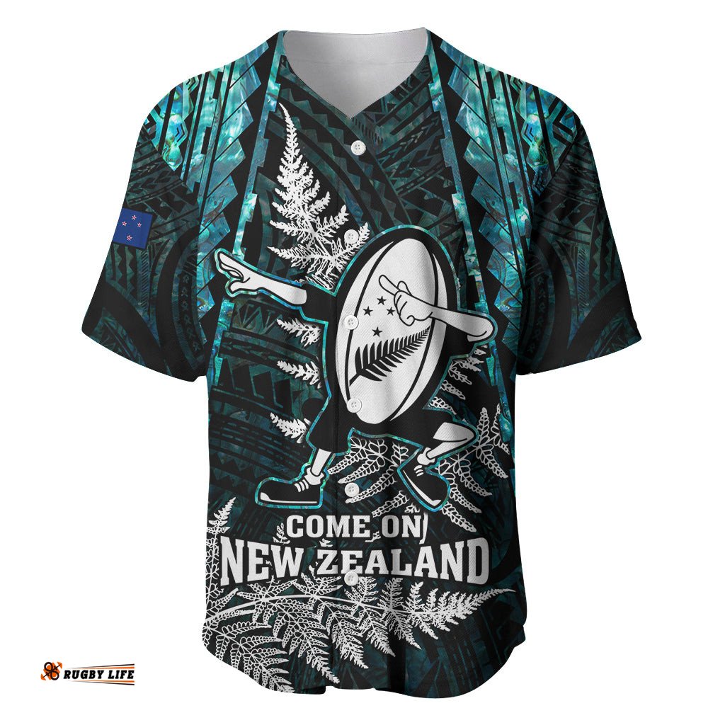 New Zealand Silver Fern Rugby Baseball Jersey Shirt Aotearoa All Black Dabbing Ball With Maori Paua Shell