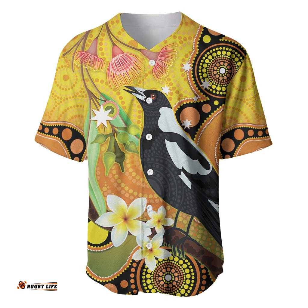 Australia Eucalyptus Flower And Magpie Baseball Jersey Shirt Aboriginal Art