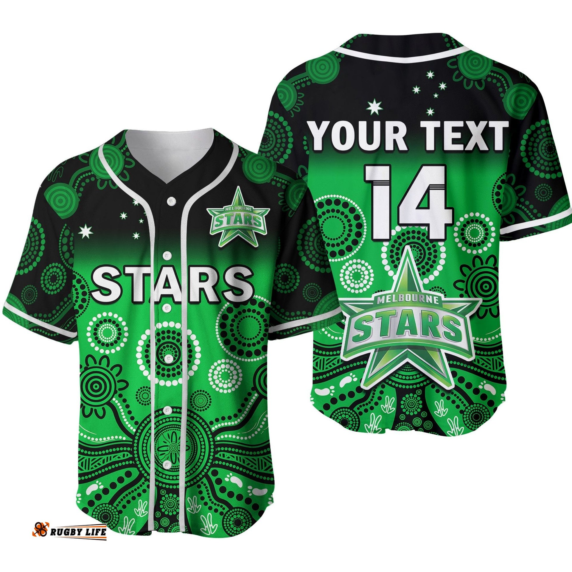Custom Text And Number Stars Cricket Baseball Jersey Shirt Ver.02 Melbourne Team Green Gradient Aboriginal Art