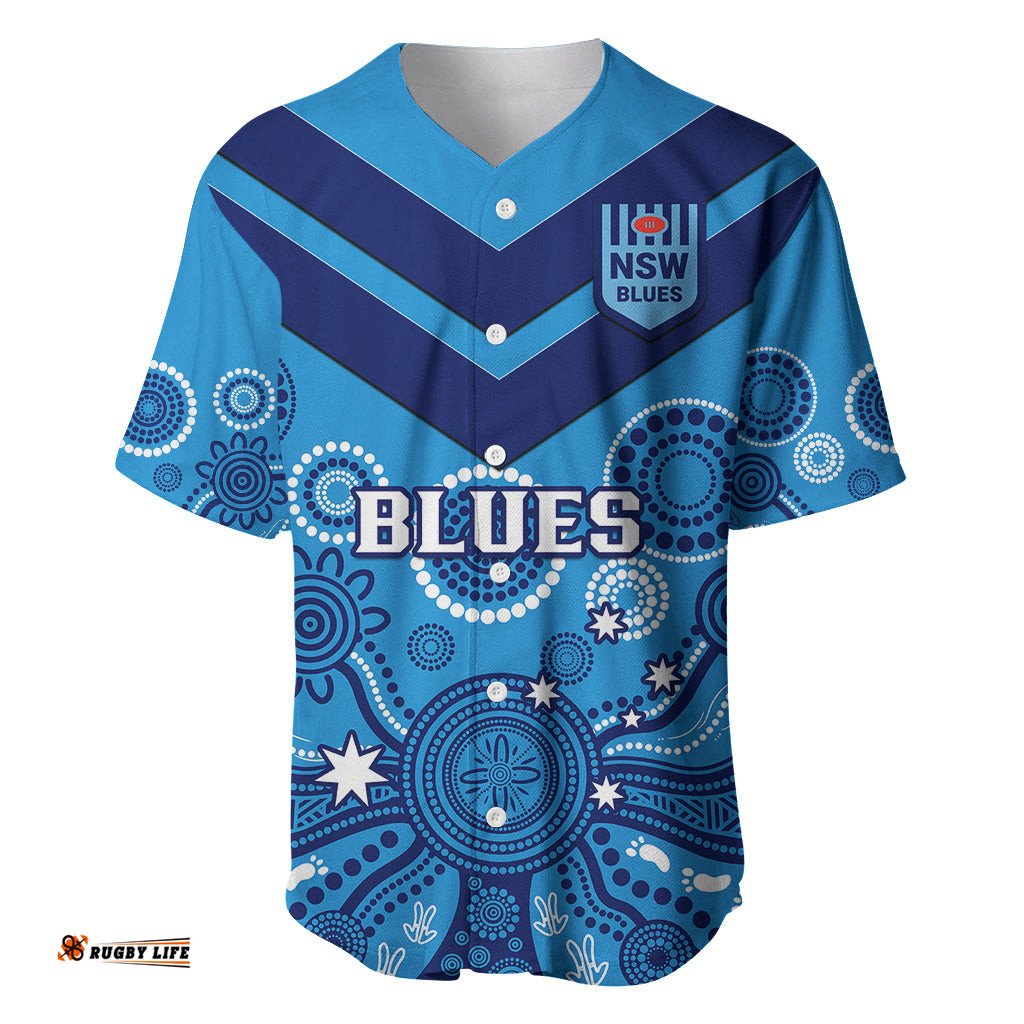 Personalised NSW Rugby Baseball Jersey Shirt Blues Aboriginal Art