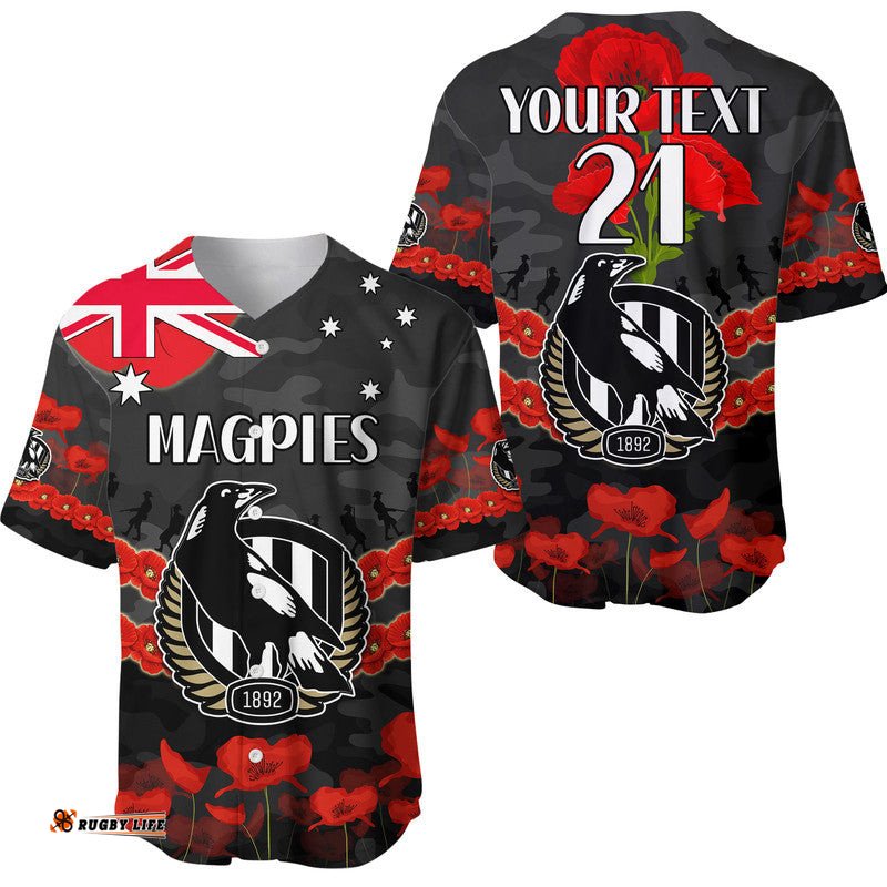Custom Personalised Magpies Football ANZAC Baseball Jersey Shirt Lest We Forget