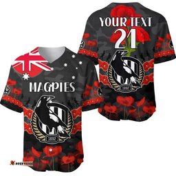 Custom Personalised Magpies Football ANZAC Baseball Jersey Shirt Lest We Forget