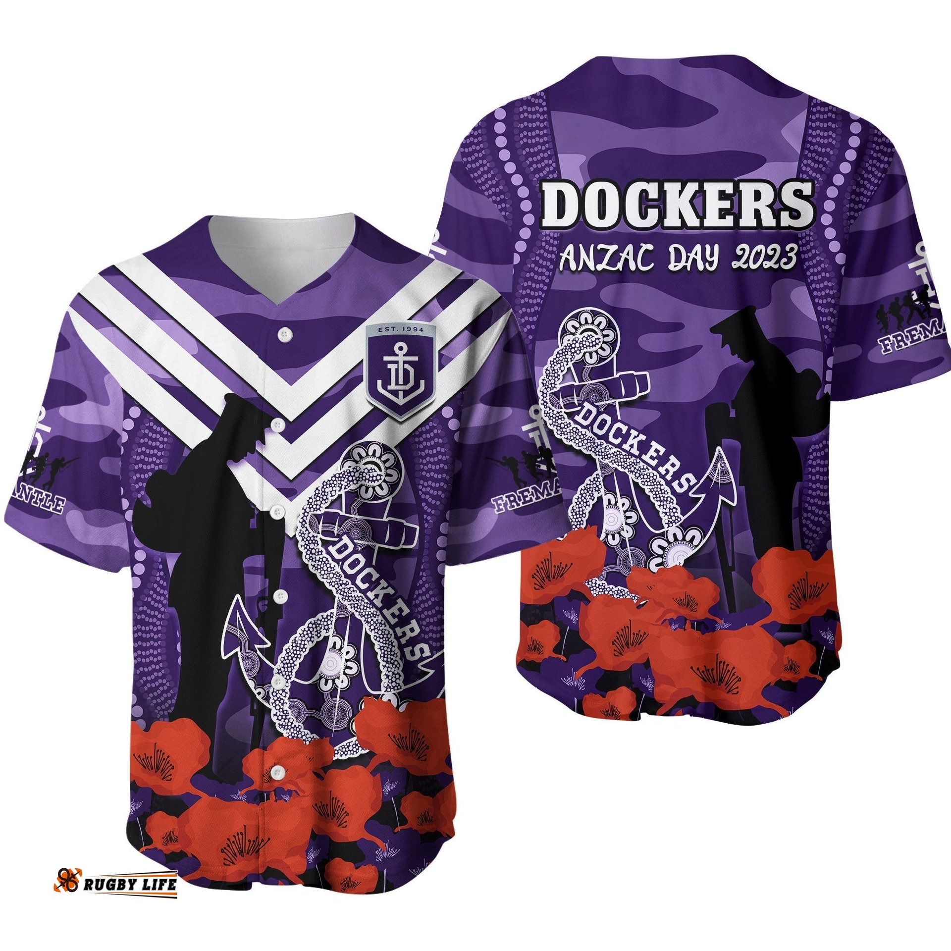 Dockers Football ANZAC Baseball Jersey Shirt Aboriginal Mix Poppy Camouflage Ver.01