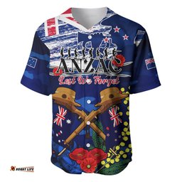 Australia And New Zealand ANZAC Day Baseball Jersey Shirt Lest We Forget Silver Fern With Golden Wattle