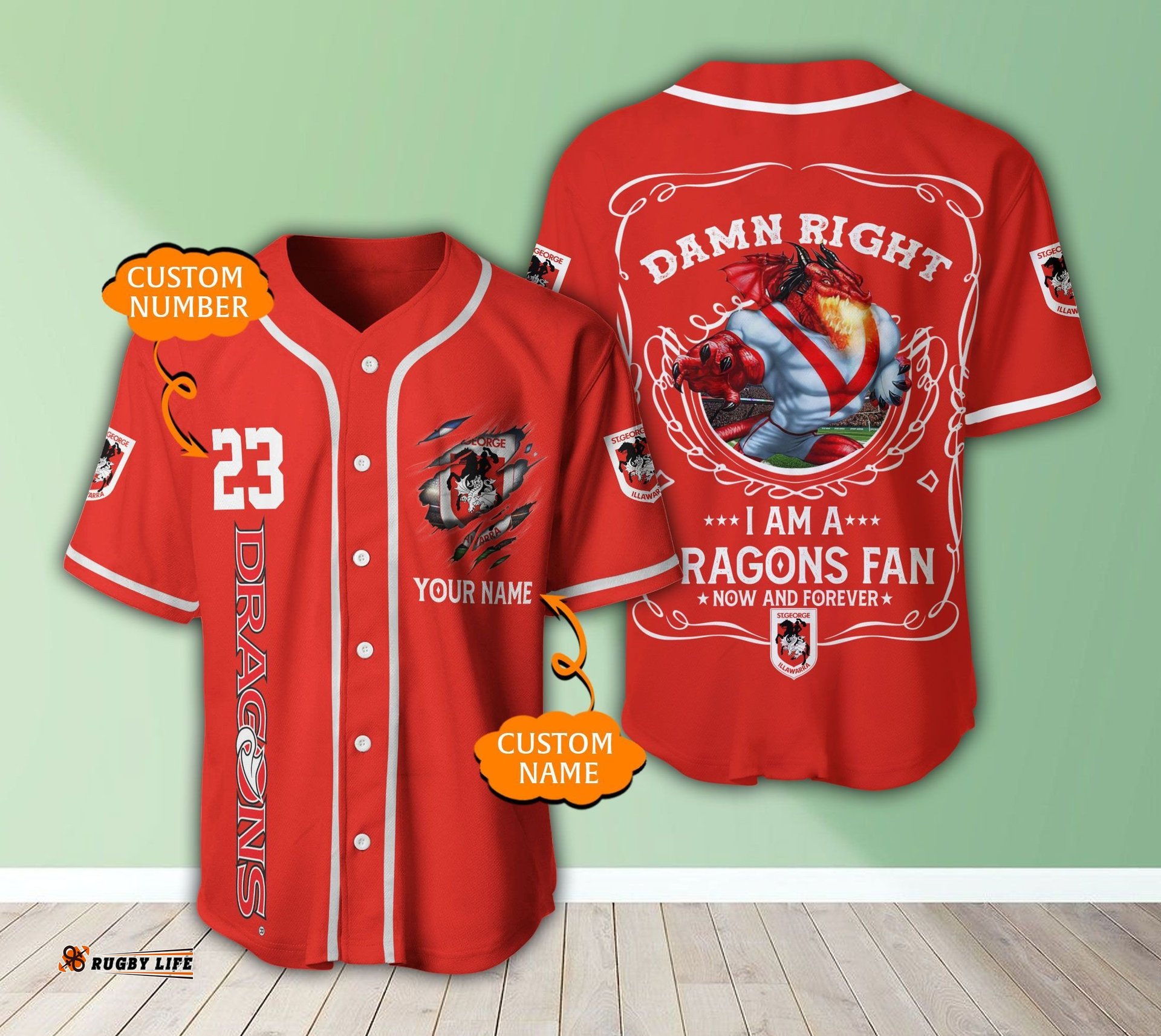 St. George Illawarra Dragons NRL 3D Personalized Baseball Jersey Shirt Damn Right