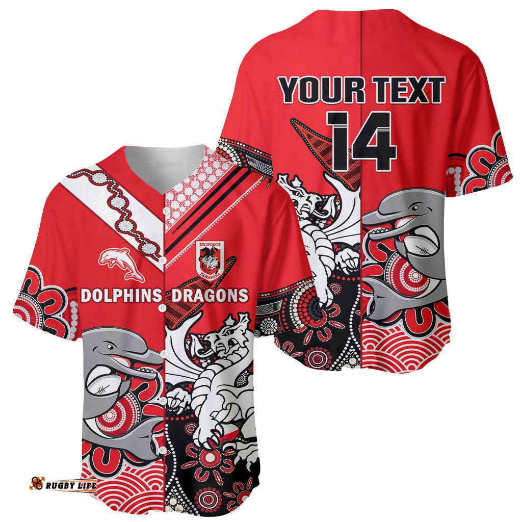 Custom Text And Number Dolphins And Dragons Rugby Baseball Jersey Shirt Together Indigenous 03
