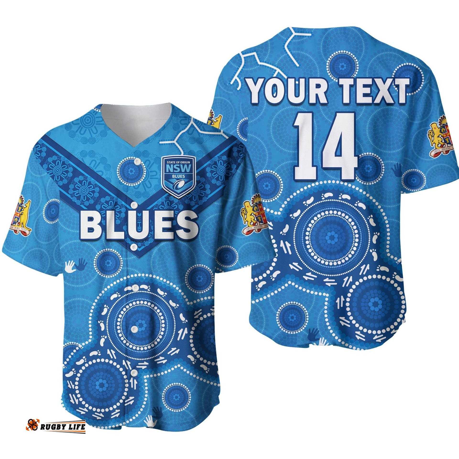 Custom Text And Number NSW Blues Rugby Baseball Jersey Shirt New South Wales Aboriginal Dot Painting Unique Version